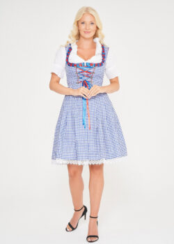 Midi Blue Checkered Dirndl With Red Apron_ Front View