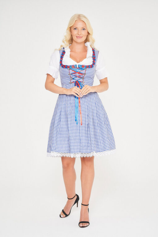 Midi Blue Checkered Dirndl With Red Apron_ Front View