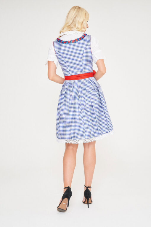 Midi Blue Checkered Dirndl With Red Apron_ Full Back View