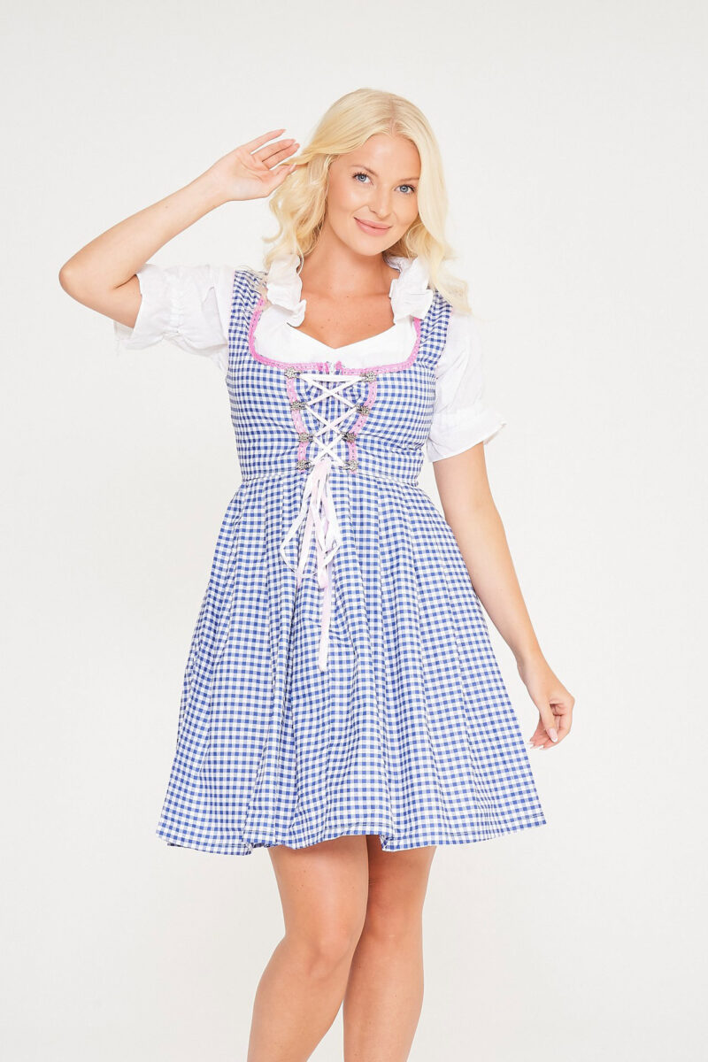 3-piece midi dirndl in blue gingham with pink apron - Image 4