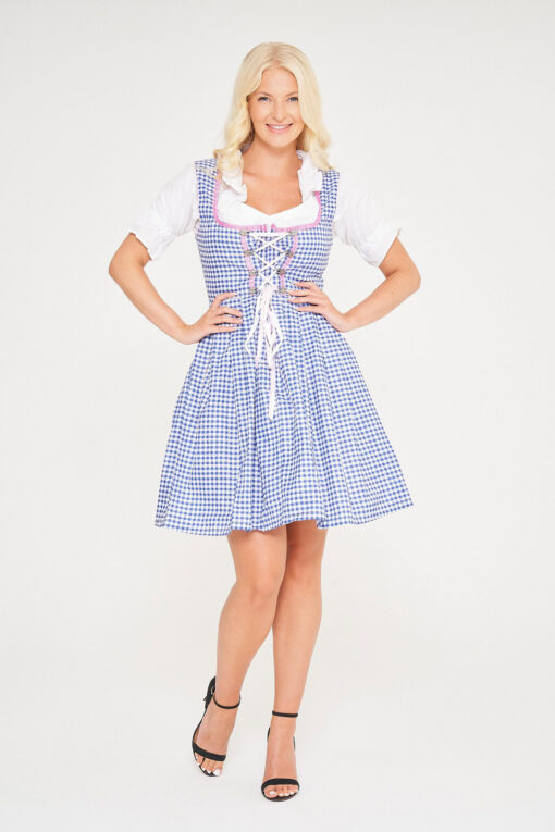 Midi Sky Blue Checkered Dirndl With Pink Apron_ Full View Pose
