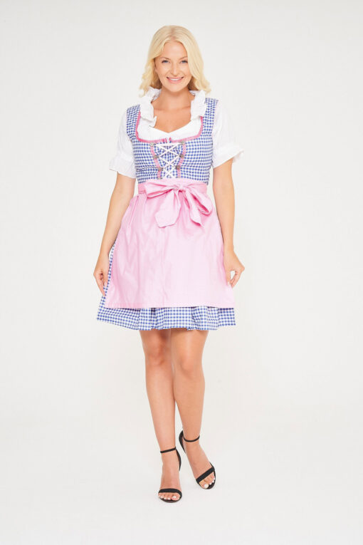 Midi Sky Blue Checkered Dirndl With Pink Apron_ Full View with Apron
