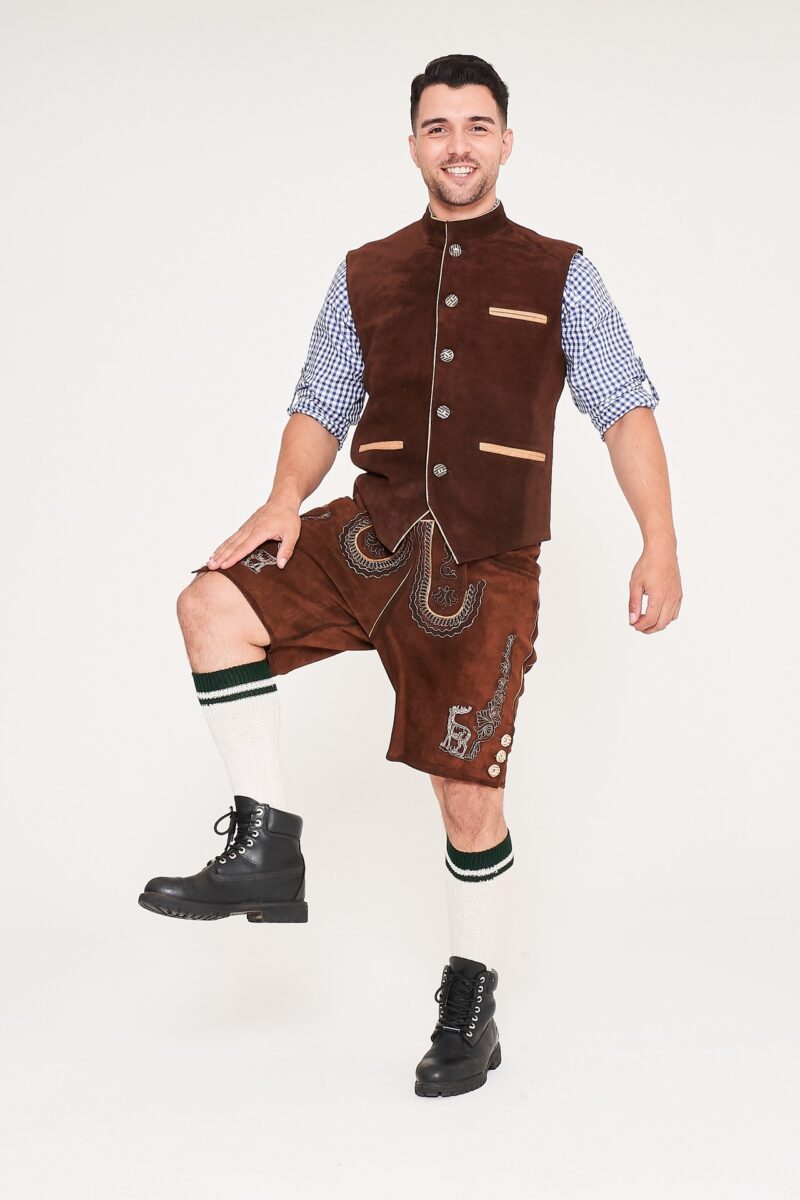 Traditional German Waistcoat Gold Brown_ Leg Up View Pose