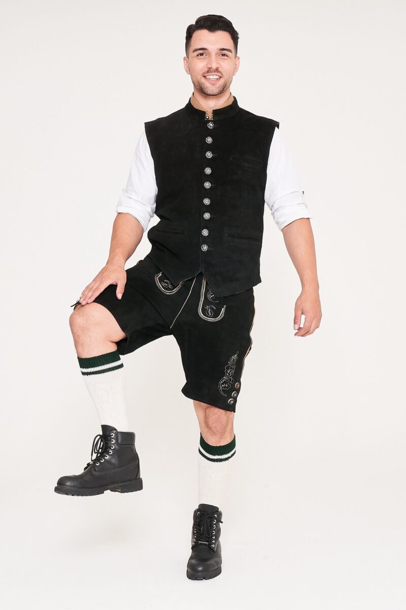 Traditional German Waistcoat Stone Black_ Leg Up Pose View