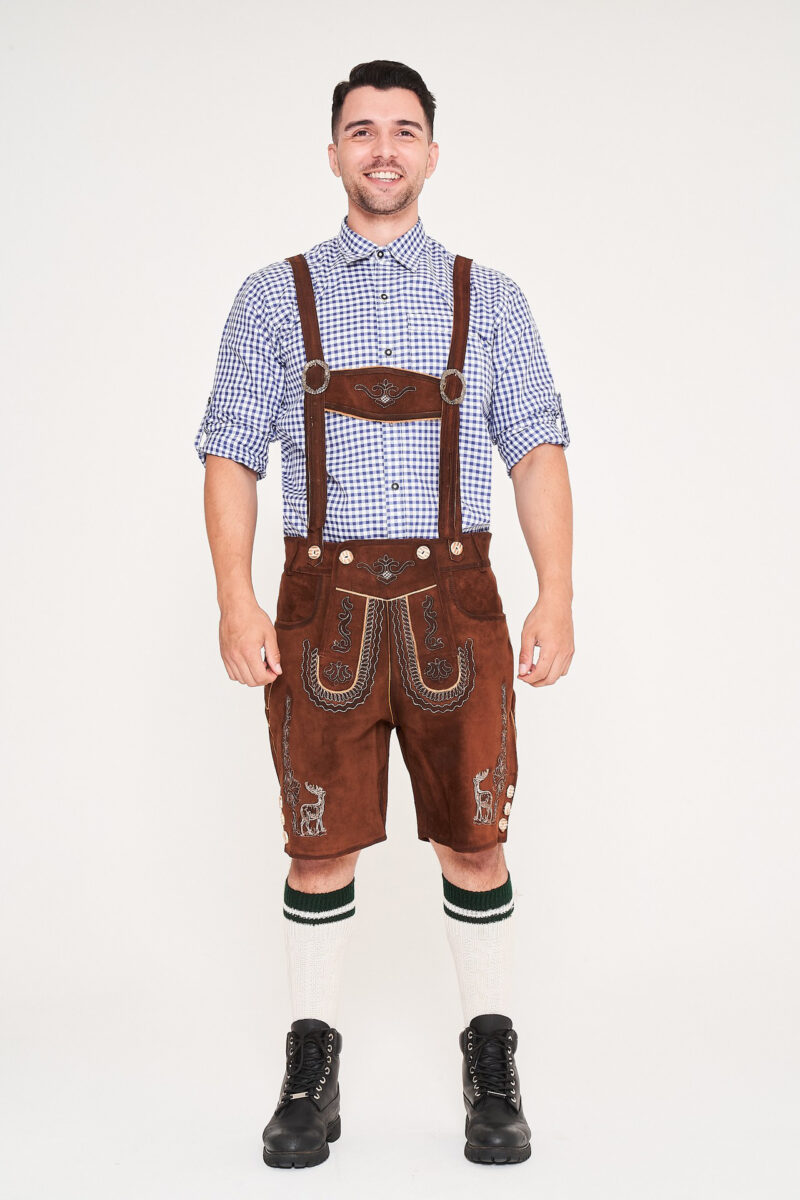 German Mens Lederhosen Shaded Brown Deer Motif_ Front View