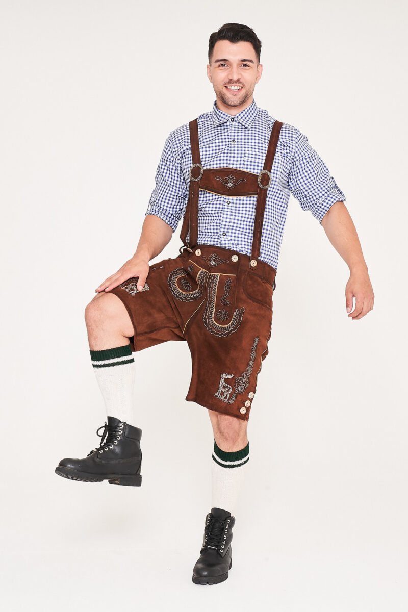 German Mens Lederhosen Shaded Brown Deer Motif_ Leg Up View