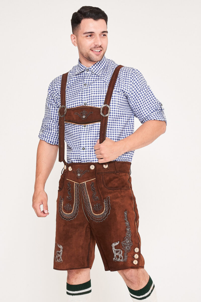 German Mens Lederhosen Shaded Brown Deer Motif_ Strap Pick View