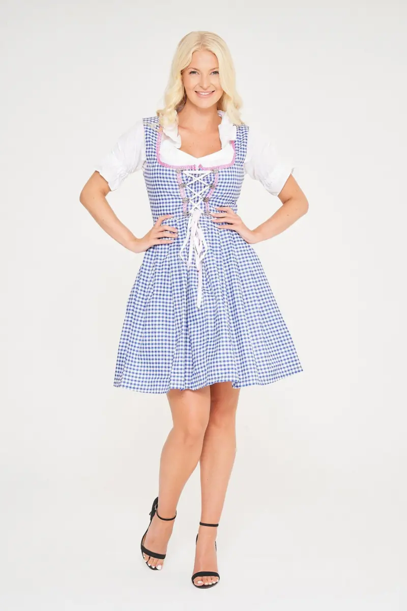 3-piece midi dirndl in blue gingham with pink apron leder hosen