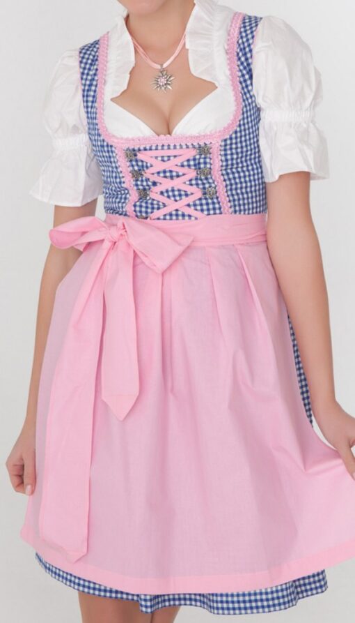 3-piece midi dirndl in blue gingham with pink apron