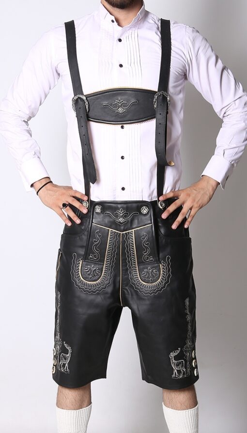 German Mens Lederhosen Black Deer Motif