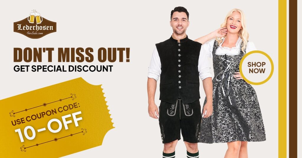 Promotional discount banner showing a couple in black traditional Bavarian attire. - Lederhosen For Sale