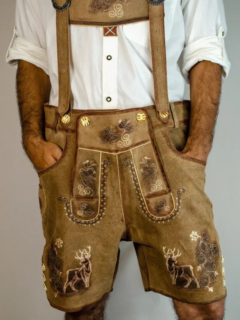 Short Lederhosen Camel Brown Deer Motif - Image 5