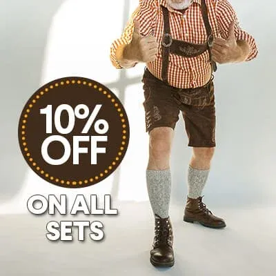 Man giving thumbs up in brown Lederhosen, checkered shirt, and socks with a 10% off badge. - Lederhosen For Sale