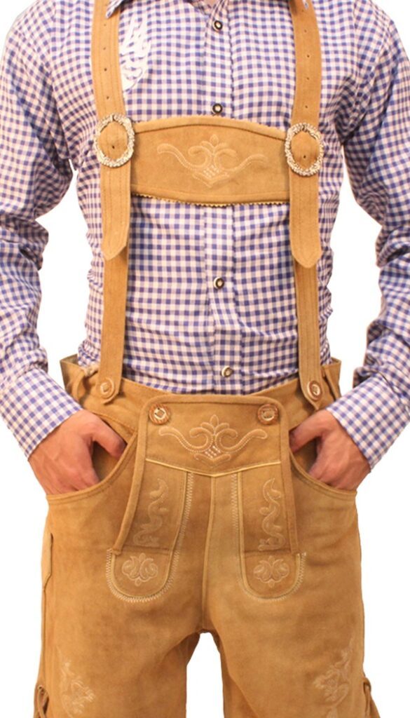 Front view of man in tan embroidered Lederhosen shorts. - Lederhosen For Sale
