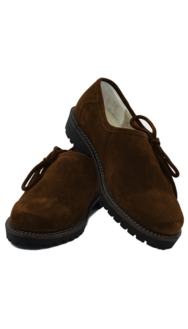 Pair of dark brown suede Haferlschuhe (traditional Bavarian shoes) with side laces. - Lederhosen For Sale