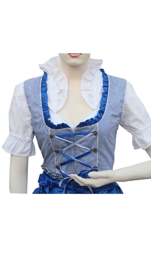 Front view of mannequin wearing blue checkered Dirndl dress with white blouse. - Lederhosen For Sale