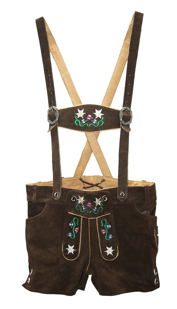 Front view of brown suede Lederhosen with H-back suspenders and Edelweiss embroidery. - Lederhosen For Sale
