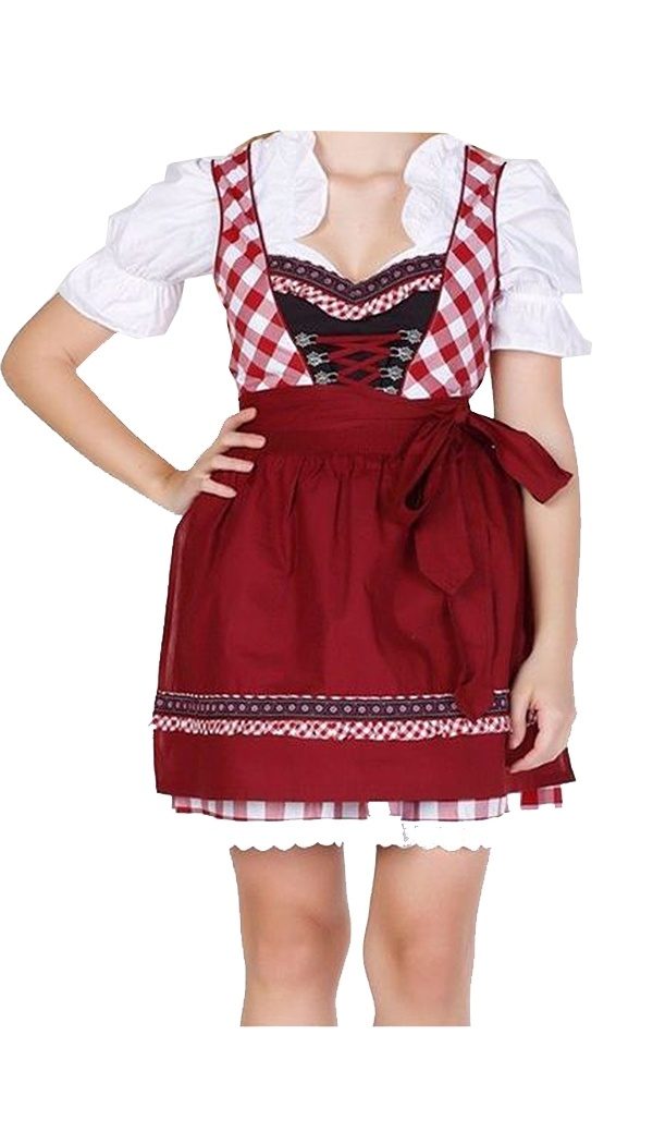 Front view of woman in red checkered Dirndl dress with dark red apron and white blouse. - Lederhosen For Sale