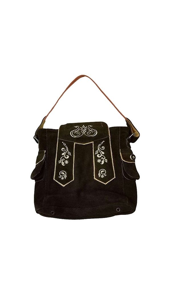 Black suede Bavarian Trachten purse with Lederhosen-style flap and white floral embroidery. - Lederhosen For Sale