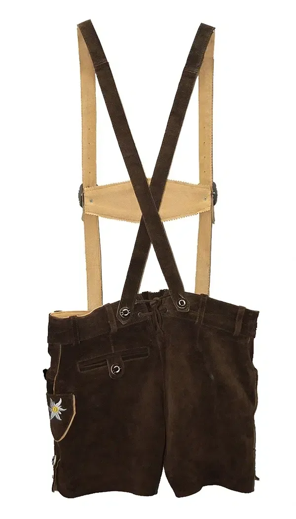 Rear view of brown suede Lederhosen with H-back suspenders and Edelweiss embroidery. - Lederhosen For Sale