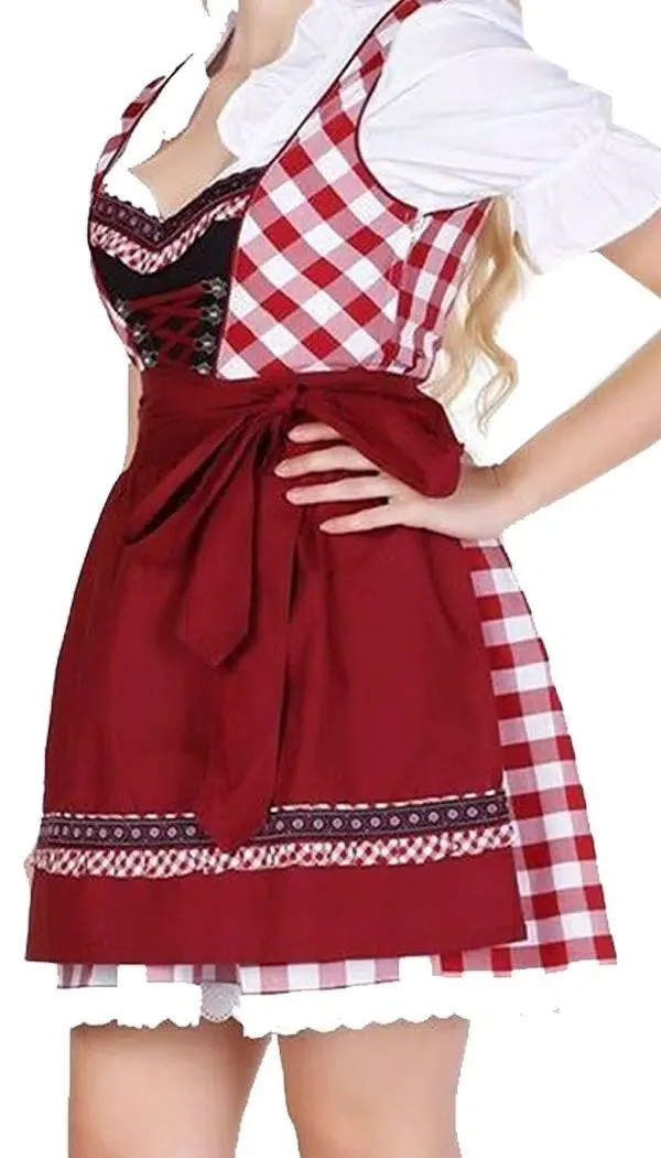 Side view of woman in red checkered Dirndl dress with dark red apron and white blouse. - Lederhosen For Sale