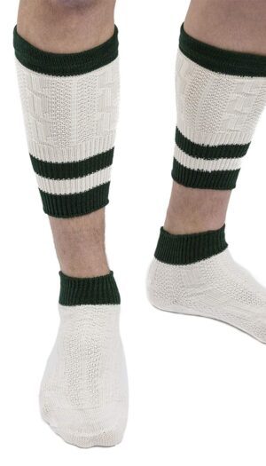 Close-up of a person wearing traditional two-piece Bavarian Loferl calf warmers and ankle socks in cream and green. - Lederhosen For Sale
