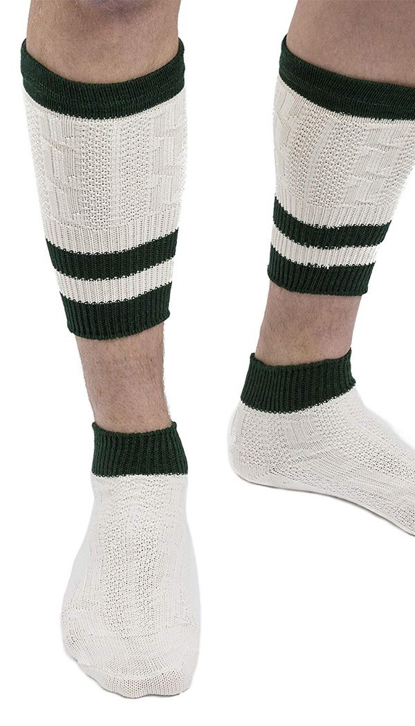 Close-up of a person wearing traditional two-piece Bavarian Loferl calf warmers and ankle socks in cream and green. - Lederhosen For Sale