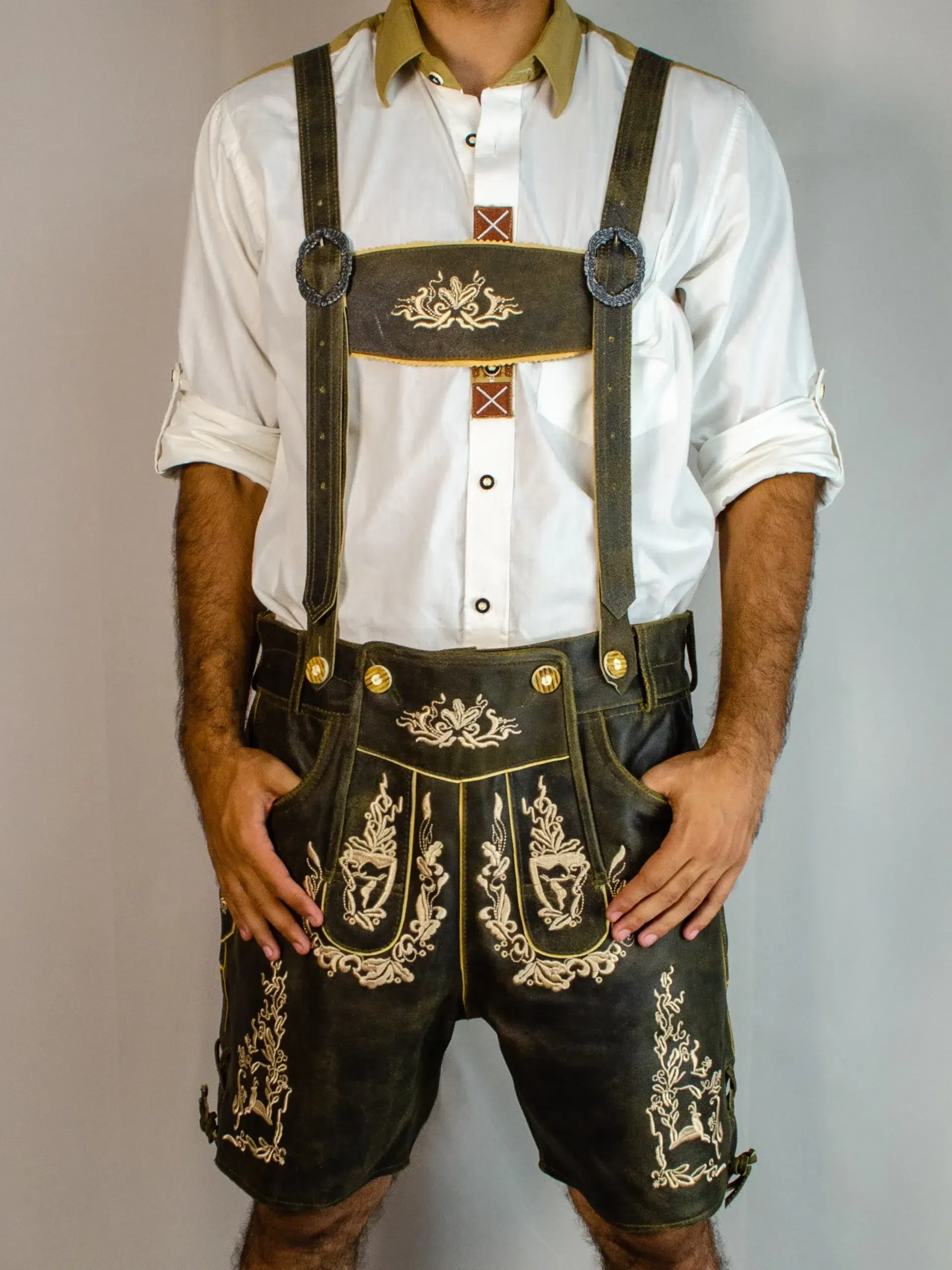 Front view of man in brown embroidered Lederhosen and white shirt. - Lederhosen For Sale