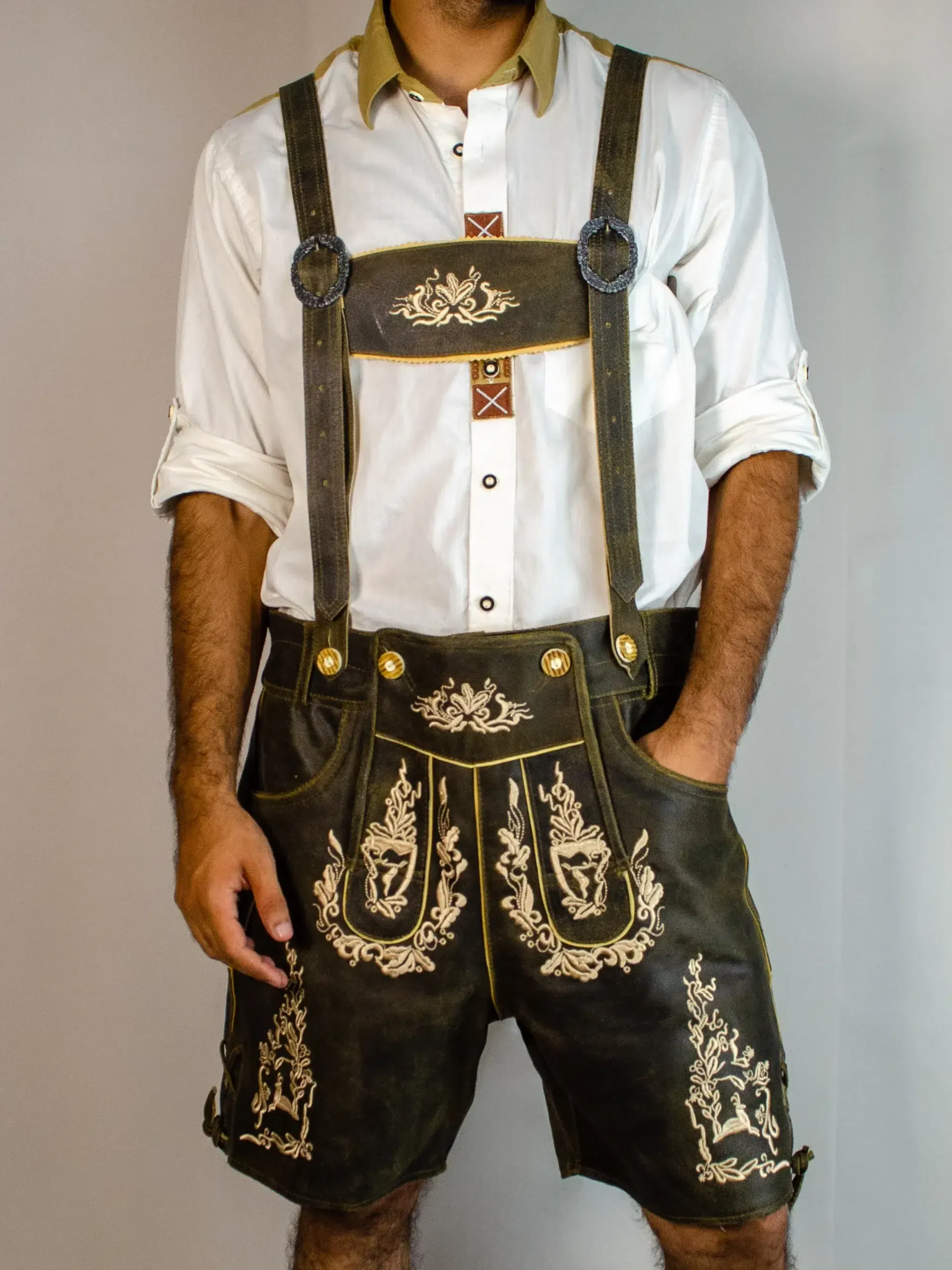 Close-up of front view of man in brown embroidered Lederhosen - Lederhosen For Sale