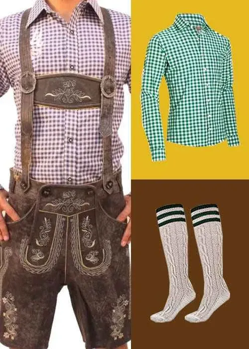 Oktoberfest men's bundle featuring brown embroidered Lederhosen, a green checkered shirt, a purple checkered shirt, and cream knee-high socks. - Lederhosen For Sale
