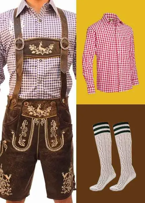 Oktoberfest men's bundle featuring dark brown embroidered Lederhosen, a red checkered shirt, a blue checkered shirt, and cream knee-high socks. - Lederhosen For Sale
