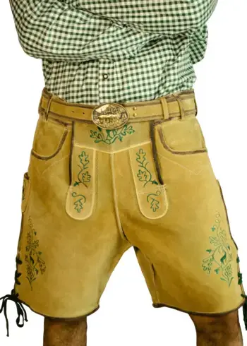 Men's light gold Lederhosen shorts with green oak leaf embroidery and a matching leather belt. - Lederhosen For Sale