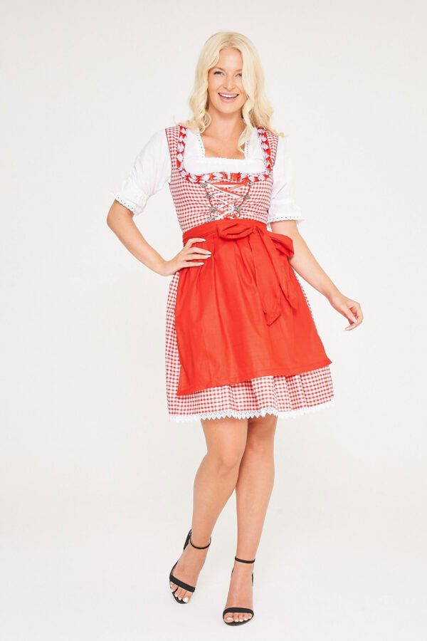 Blonde woman posing in red checkered Elsa Dirndl with apron. - Lederhosen For Sale