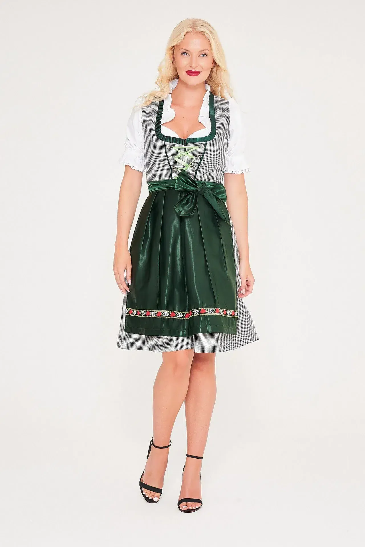 Blonde woman posing in green checkered Dirndl with apron. - Lederhosen For Sale
