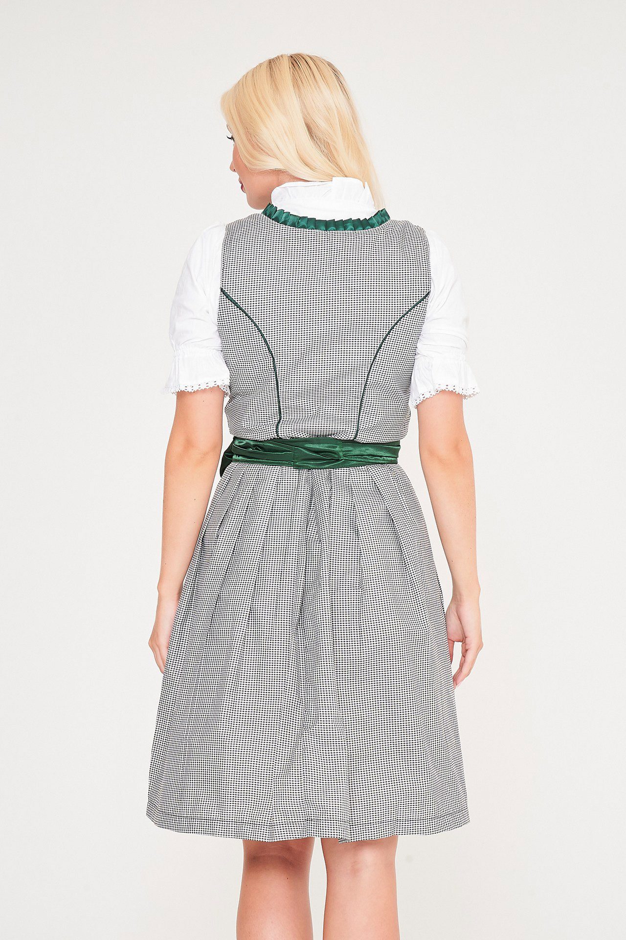 Back view of blonde woman in green checkered Dirndl. - Lederhosen For Sale
