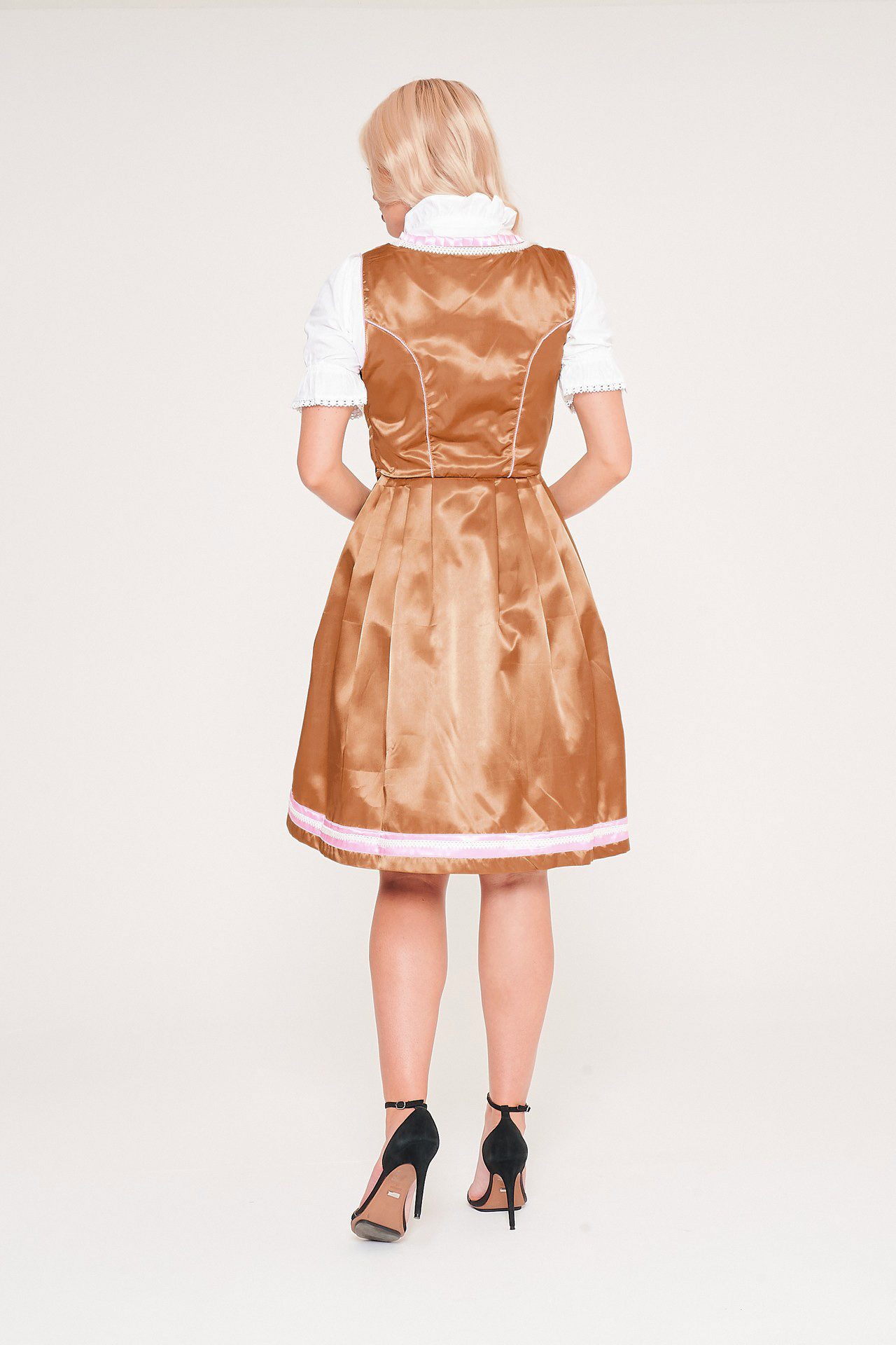 Back view of blonde woman in golden orange Dirndl. - Lederhosen For Sale
