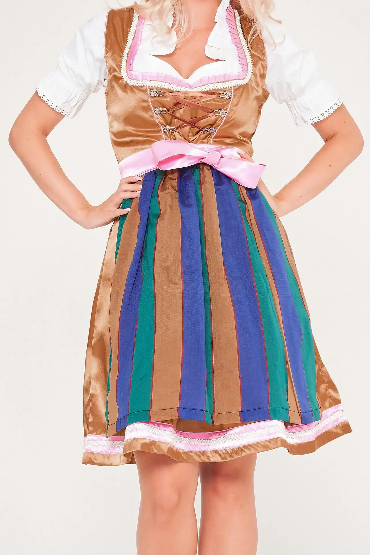 Close-up of golden midi Dirndl with multicolor apron. - Lederhosen For Sale
