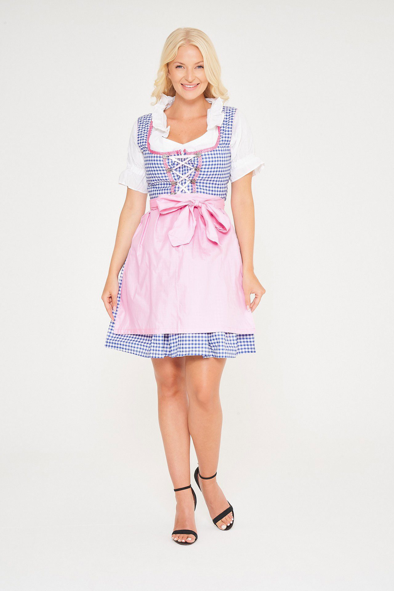 Blonde woman posing in blue checkered Dirndl with apron. - Lederhosen For Sale