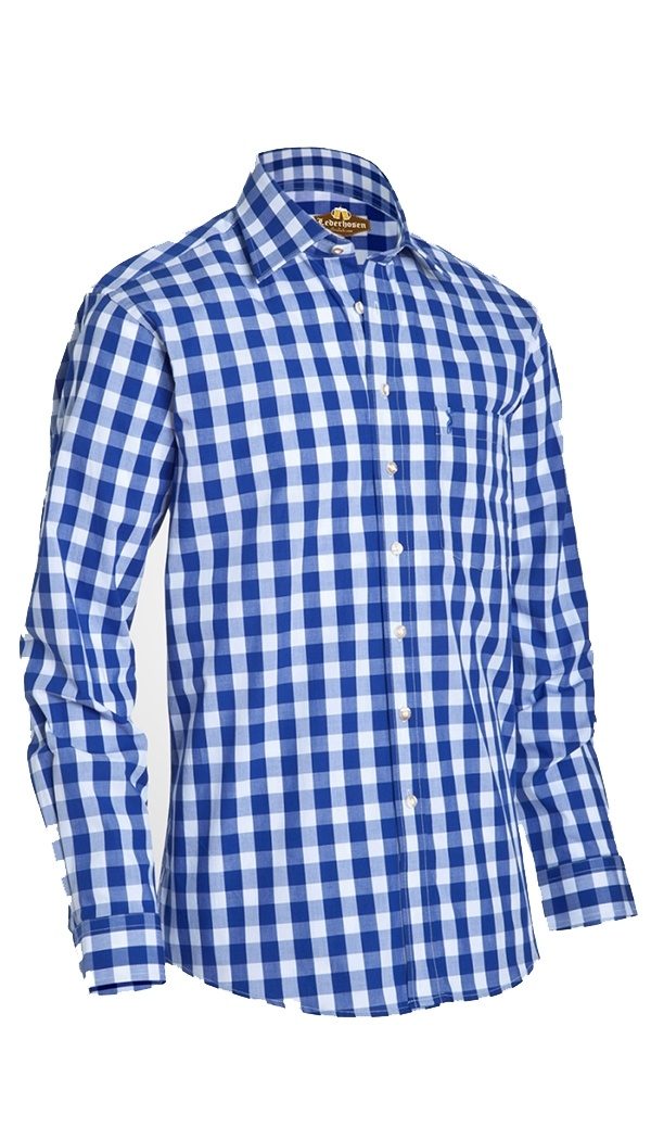 Front view of blue and white checkered long-sleeve shirt. - Lederhosen For Sale