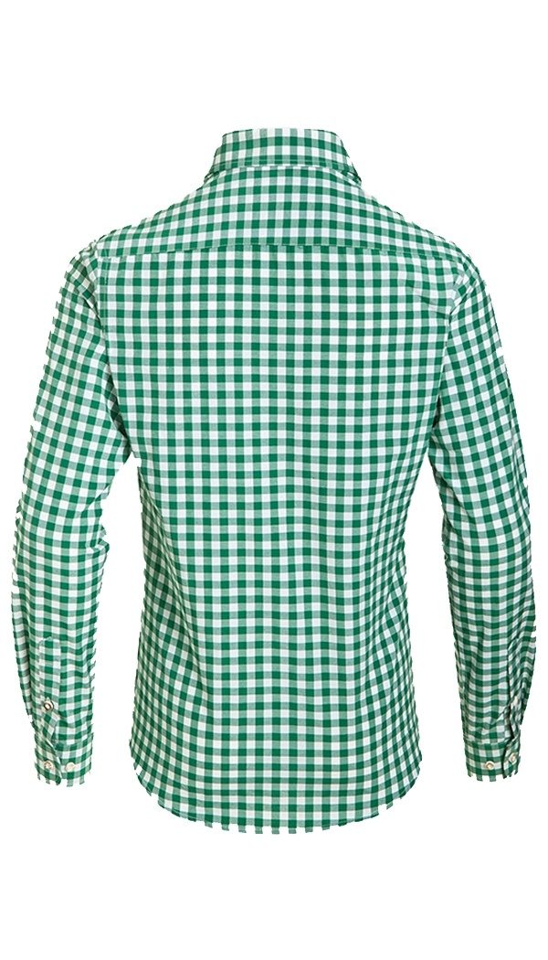 Rear view of green and white checkered long-sleeve shirt. - Lederhosen For Sale