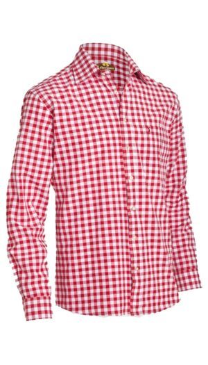 Men's red and white checkered long-sleeve button-down shirt. - Lederhosen For Sale