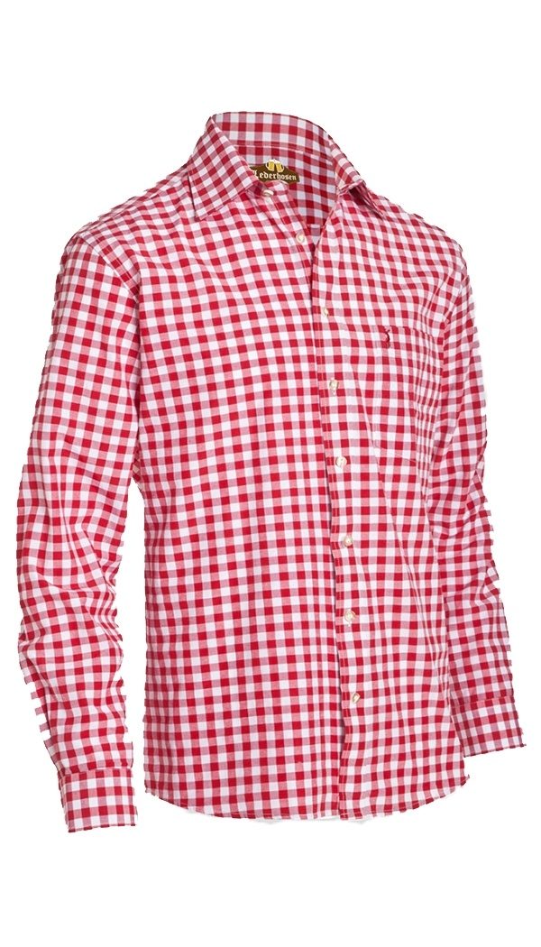 Men's red and white checkered long-sleeve button-down shirt. - Lederhosen For Sale