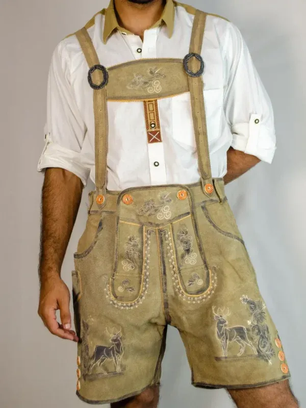 Front view of man in shaded brown embroidered Lederhosen shorts. - Lederhosen For Sale