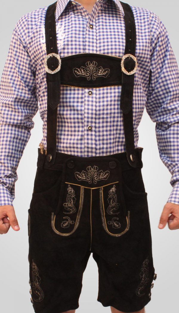 Close-up of black embroidered Lederhosen with suspenders and checkered shirt. - Lederhosen For Sale