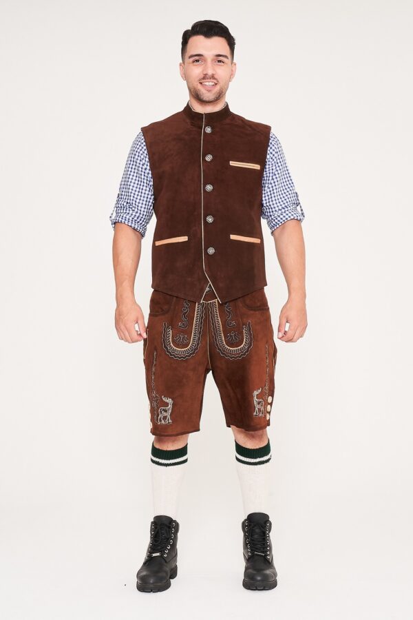 Front view of man standing in brown waistcoat, Lederhosen, and blue checkered shirt. - Lederhosen For Sale