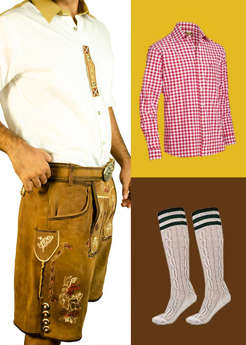 Oktoberfest men's bundle featuring a white shirt, vintage brown embroidered Lederhosen, a red checkered shirt, and cream knee-high socks. - Lederhosen For Sale