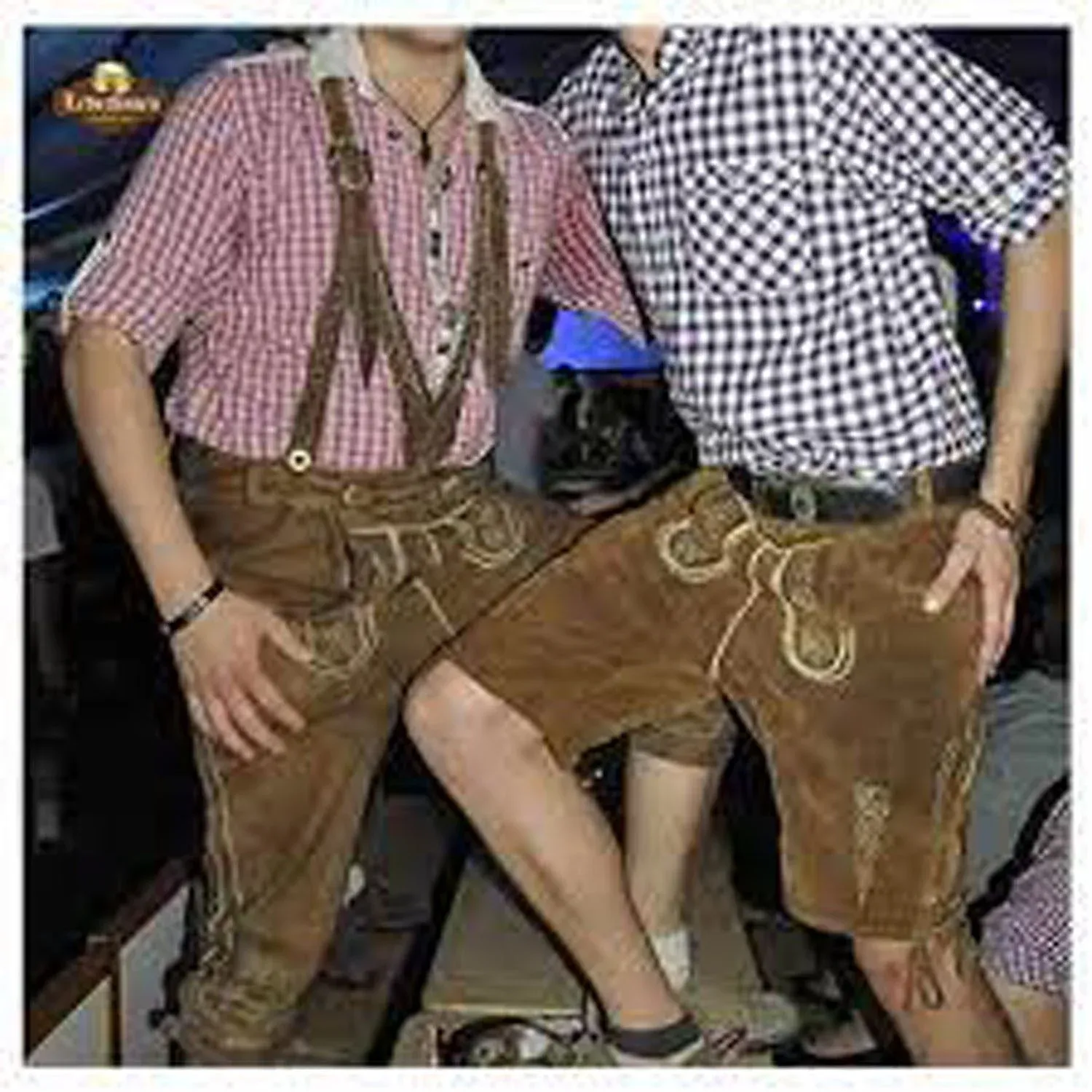 Two men wearing traditional brown embroidered Lederhosen with checkered shirts at an Oktoberfest event. - Lederhosen For Sale