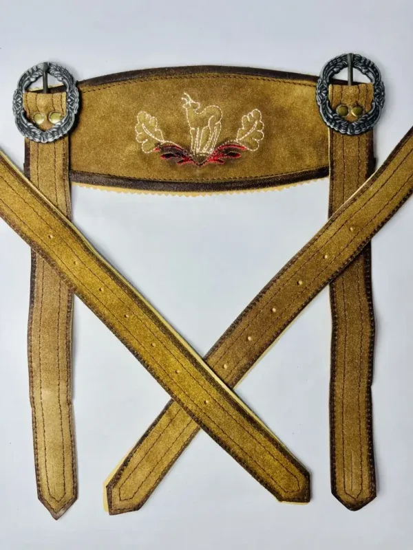Full view of vintage brown handcrafted Lederhosen suede suspenders with white stag embroidery and ornate round silver buckles. - Lederhosen For Sale