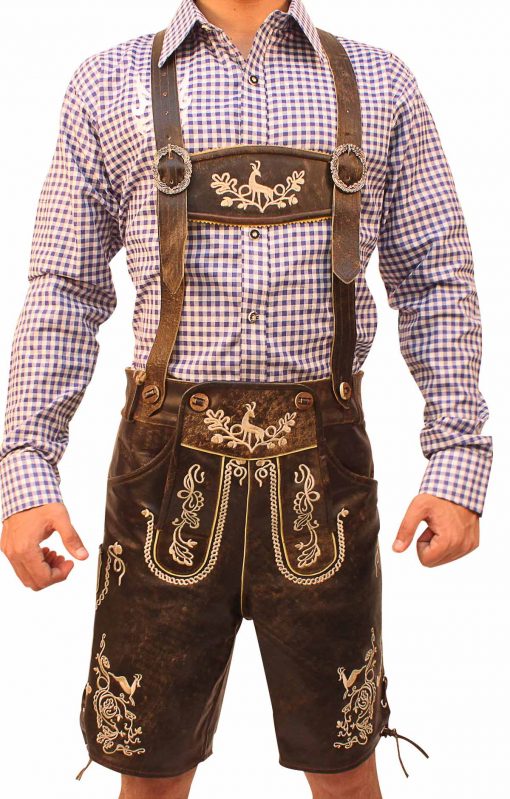 Man wearing traditional dark brown Lederhosen with suspenders and a blue checkered shirt. - Lederhosen For Sale