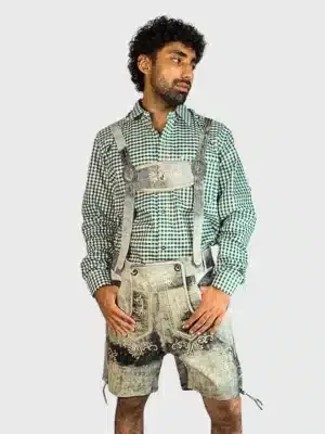 Men's shaded grey leather lederhosen with embroidered suspenders and buttoned fly